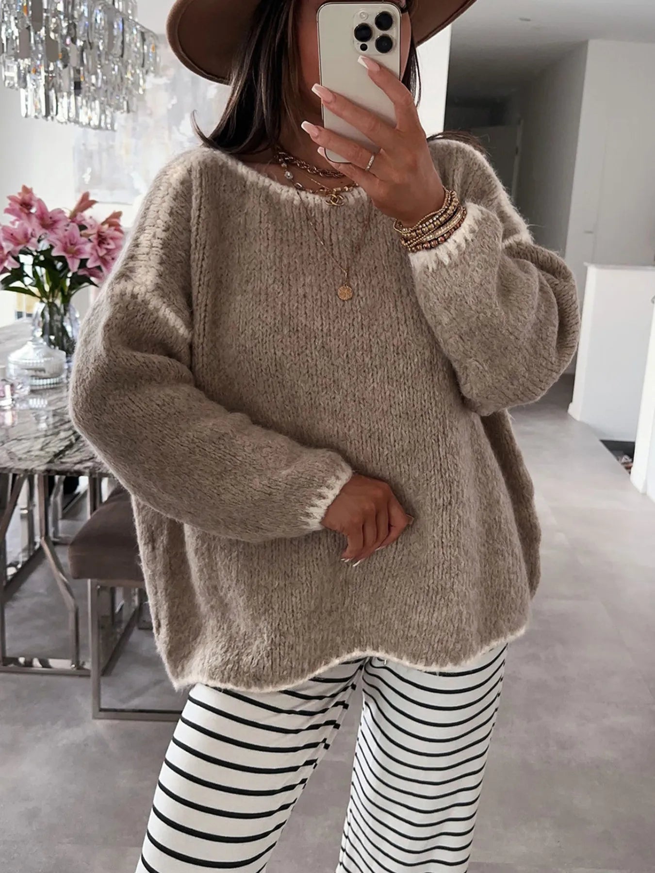 Contrast Trim Oversized Sweater Khaki OutfitFlow