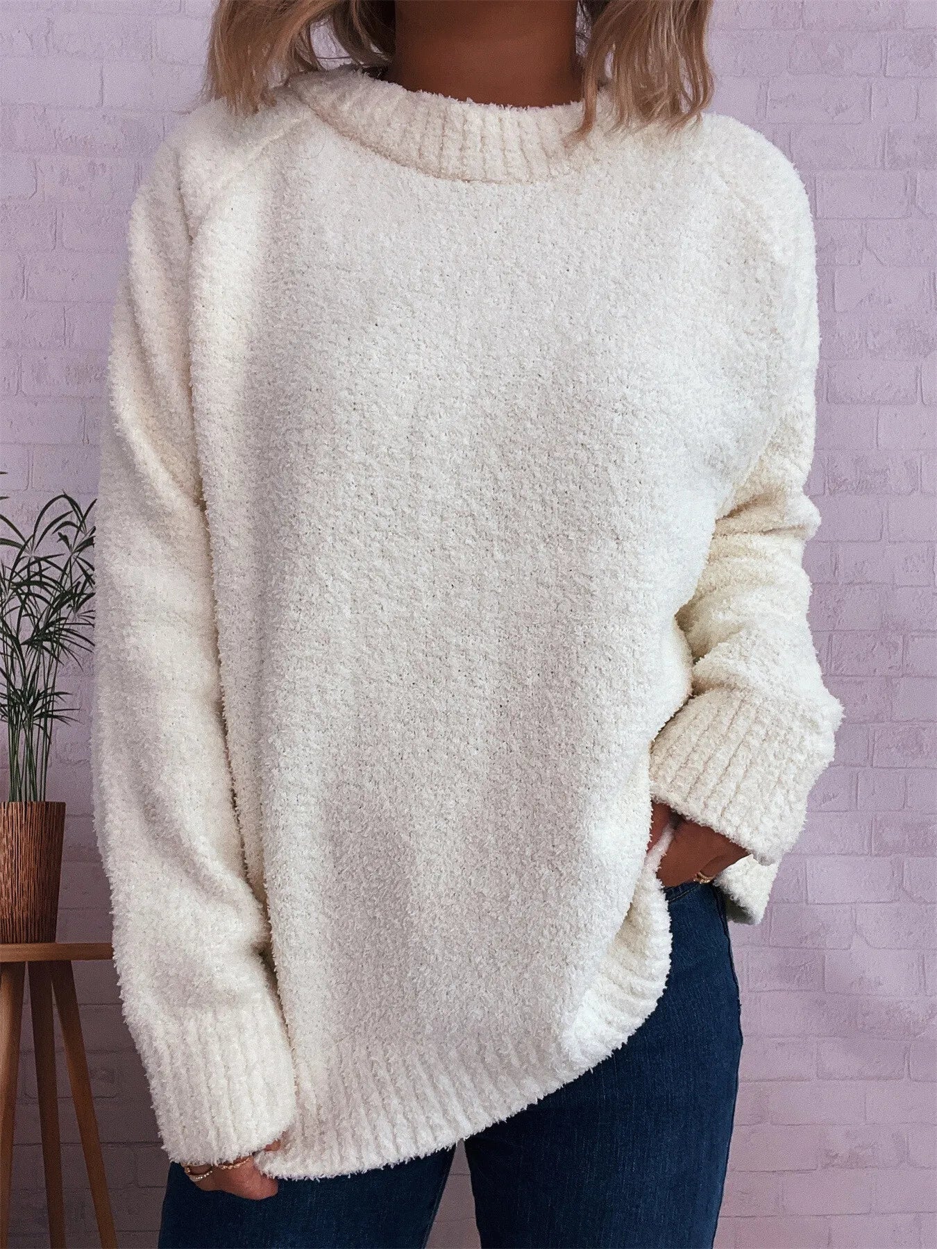 Round Neck Raglan Sleeve Sweater White One Size OutfitFlow