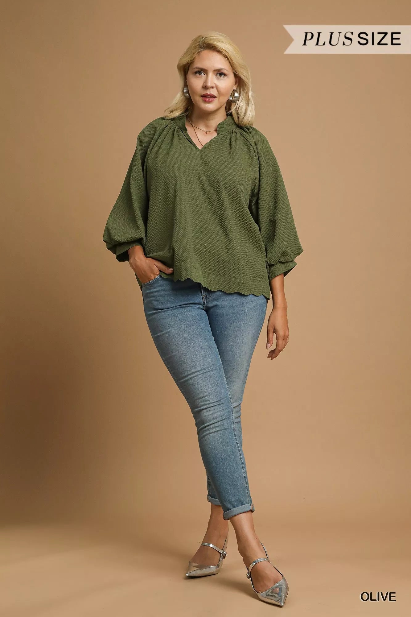 Umgee Full Size Textured Notched Balloon Sleeve Blouse Plus Size OutfitFlow