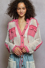 POL Texture Woven Button Down Hooded Shirt with Drawstring Hem PINK MULTI Trendsi