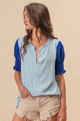 BiBi Air Flow Color Block Puff Sleeves V Neck Top OutfitFlow