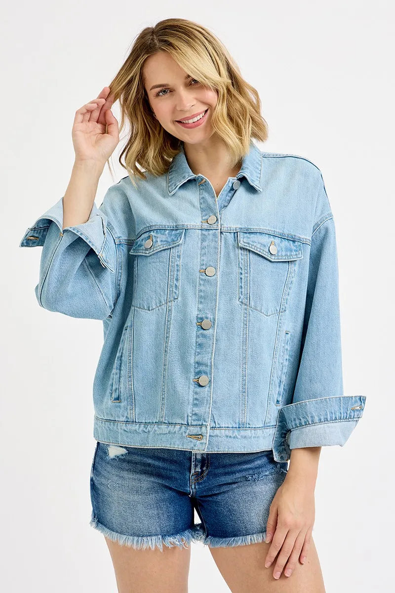 RISEN Washed Dropped Shoulder Denim Jacket OutfitFlow