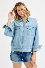RISEN Washed Dropped Shoulder Denim Jacket OutfitFlow