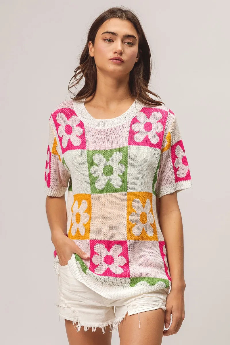 BiBi Flower Checker Pattern Lightweight Sweater Top OutfitFlow
