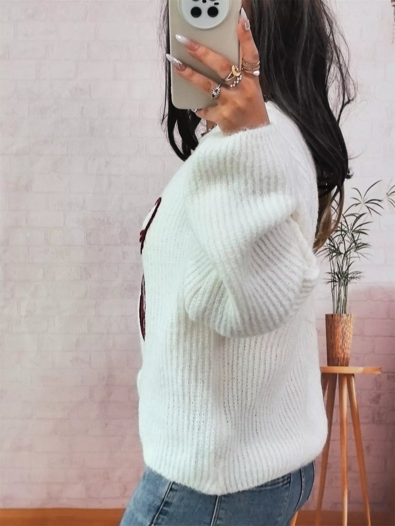 Bow Round Neck Long Sleeve Sweater OutfitFlow