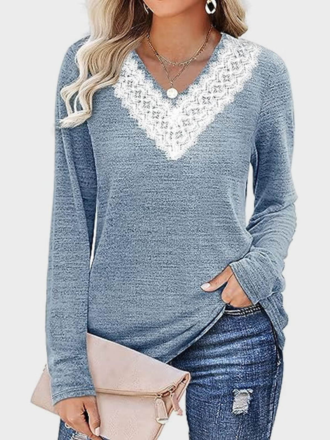 Outfit Flow - Lace Detail V-Neck Long Sleeve T-Shirt