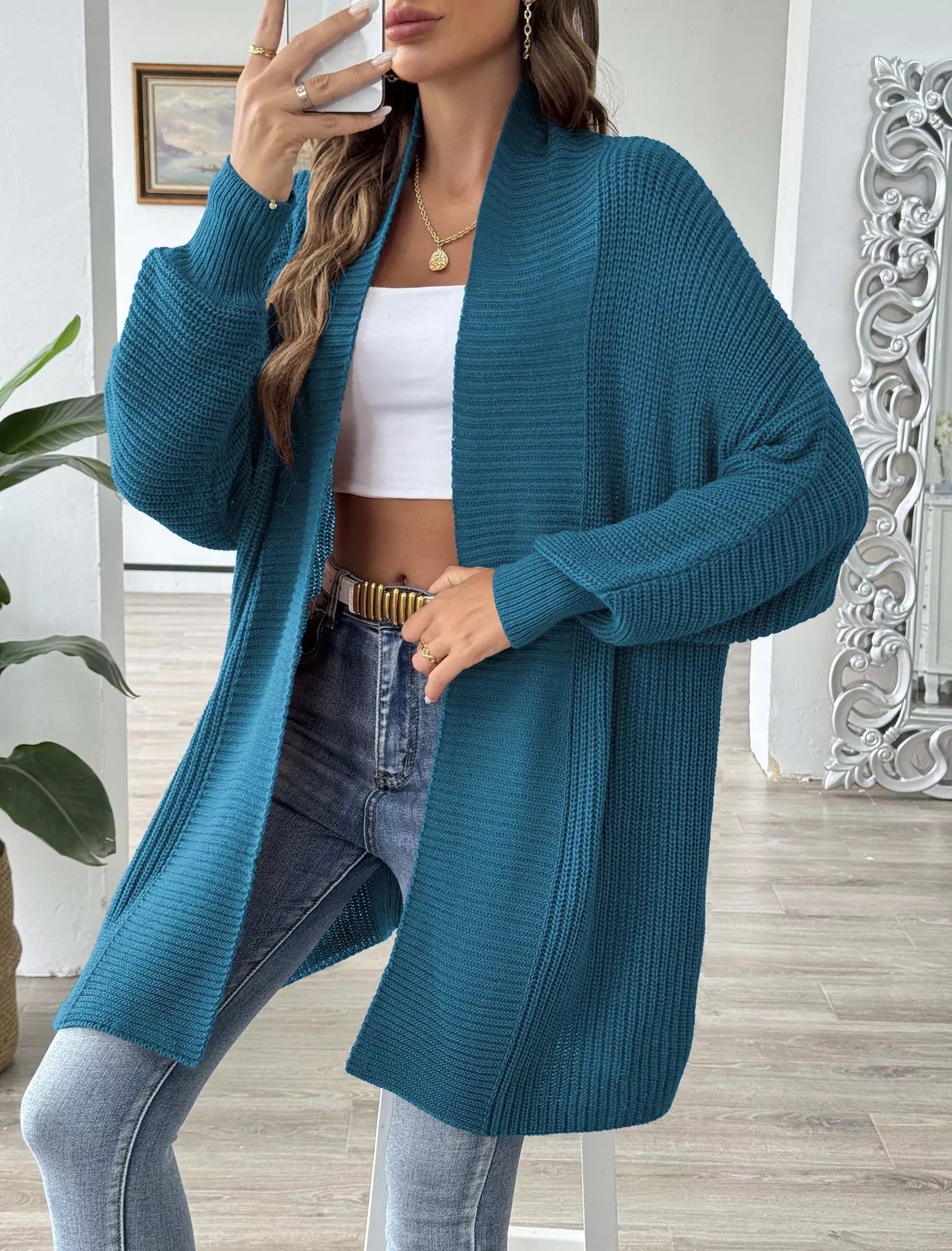 Open Front Ribbed Knit Cardigan Peacock Blue One Size OutfitFlow