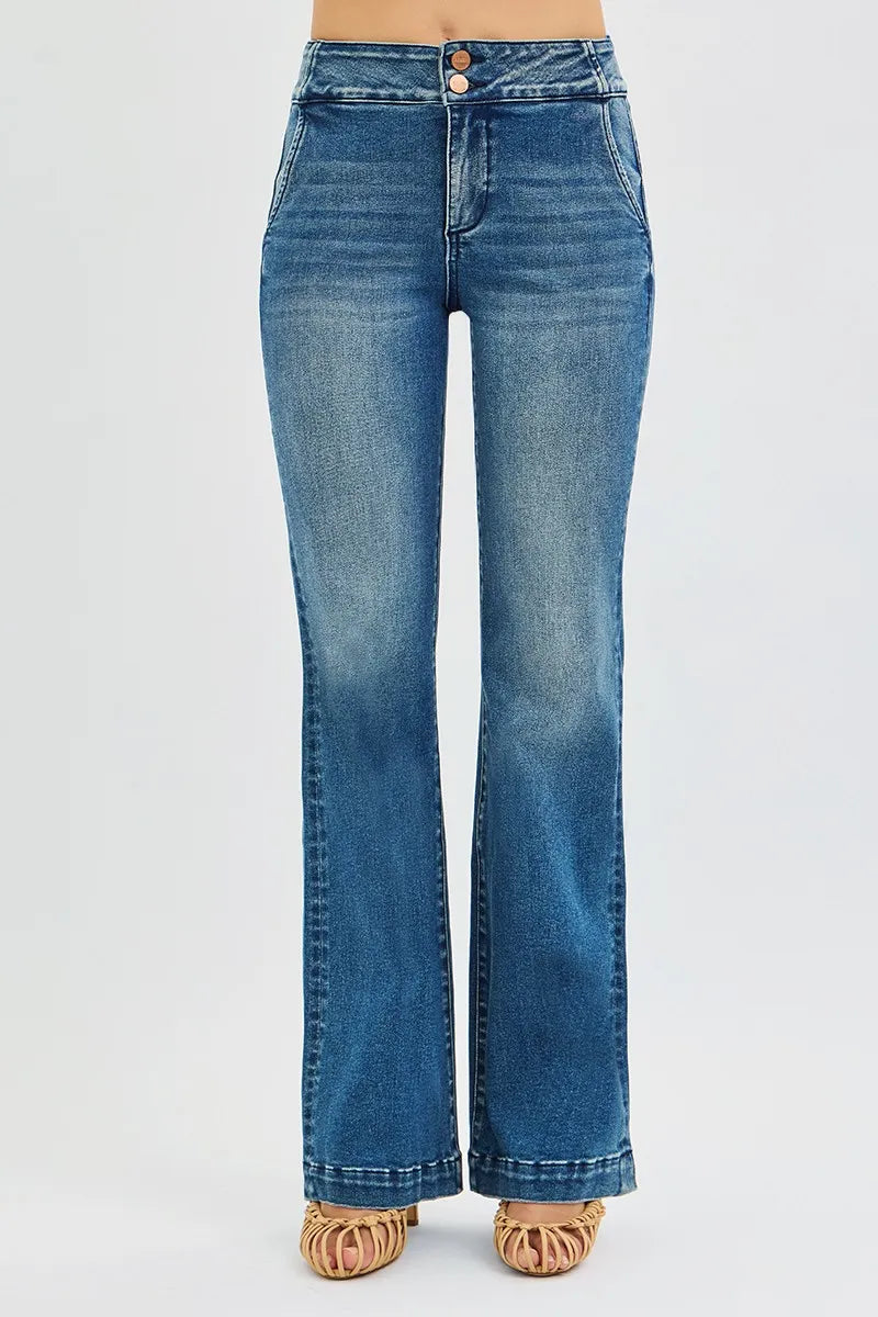 RISEN Full Size Tummy Control High Rise Bootcut Jeans with Double Button Waistband Plus Size DARK Trendsi
