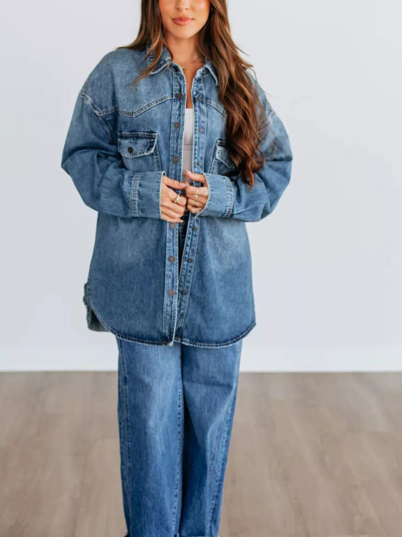 Snap Down Dropped Shoulder Denim Jacket OutfitFlow