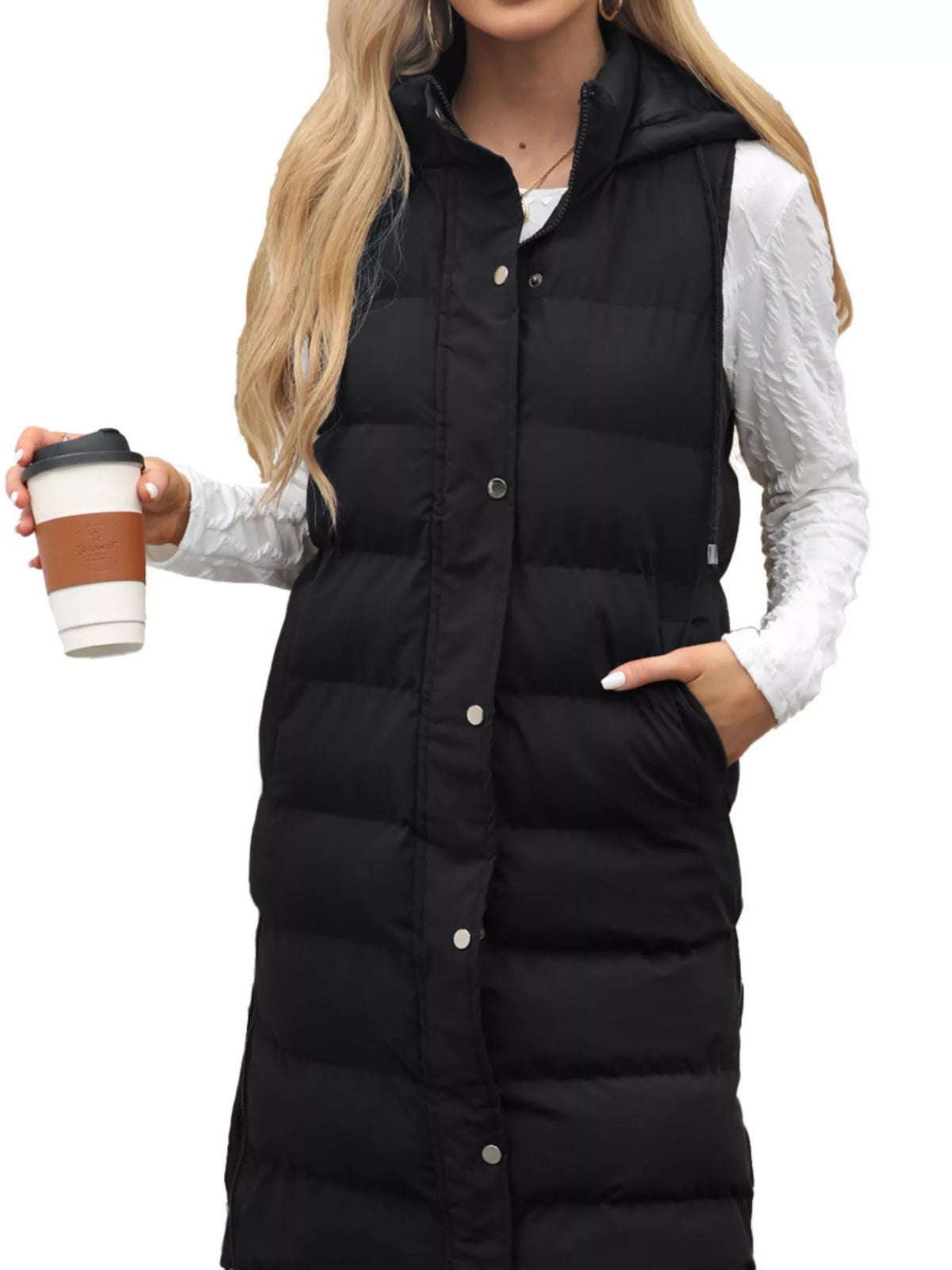 Full Size Snap Down Hooded Padded Longline Vest Coat Plus Size Black OutfitFlow