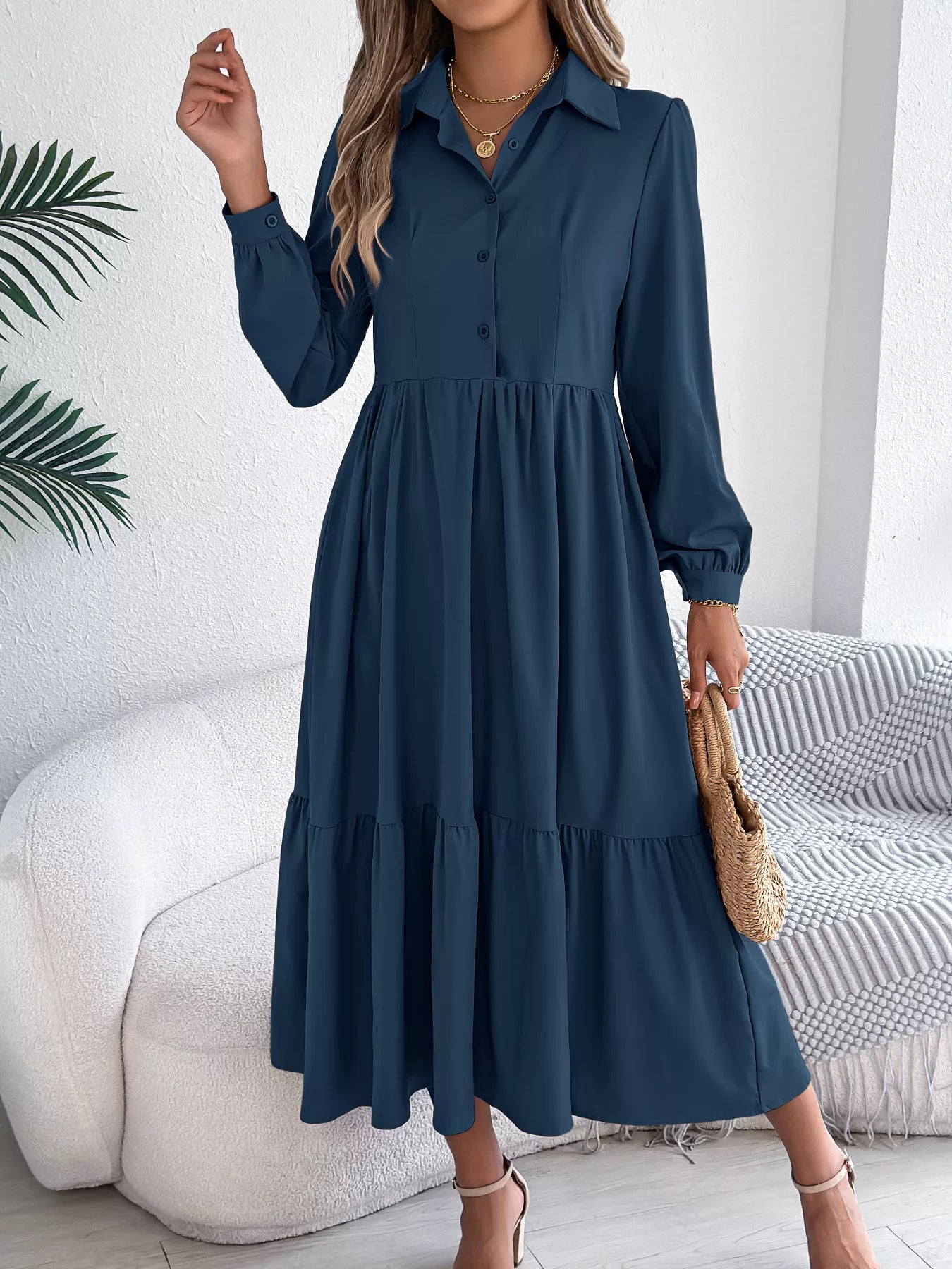 Long Sleeve Tiered Button Front Midi Dress OutfitFlow