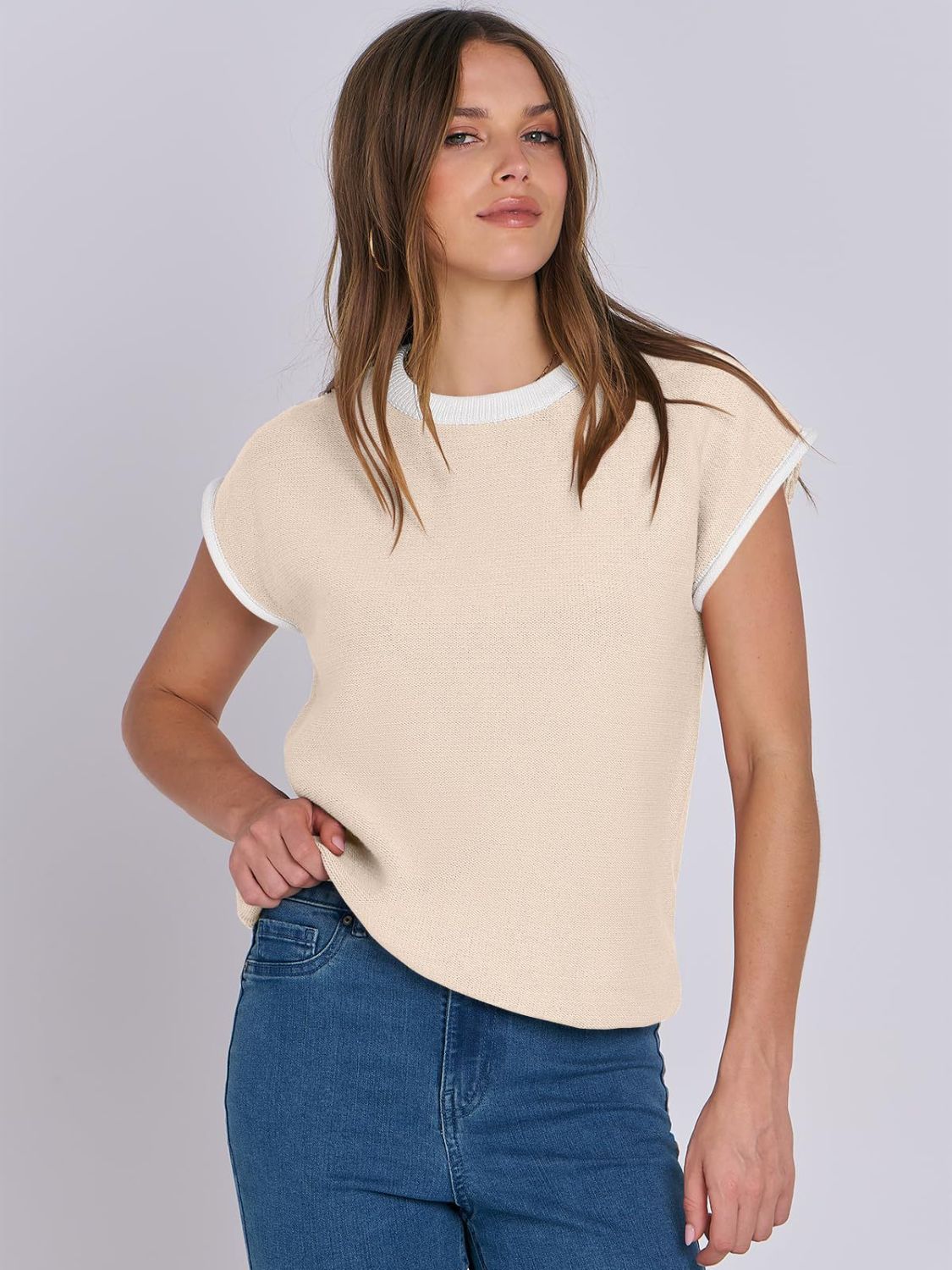 Outfit Flow - Mandy Contrast Round Neck Cap Sleeve Sweater