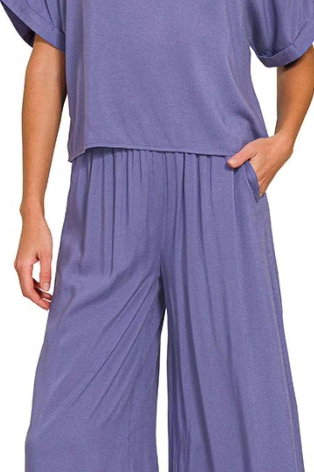 Zenana Round Neck T-Shirt and Wide Leg Pants Set OutfitFlow