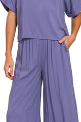 Zenana Round Neck T-Shirt and Wide Leg Pants Set OutfitFlow