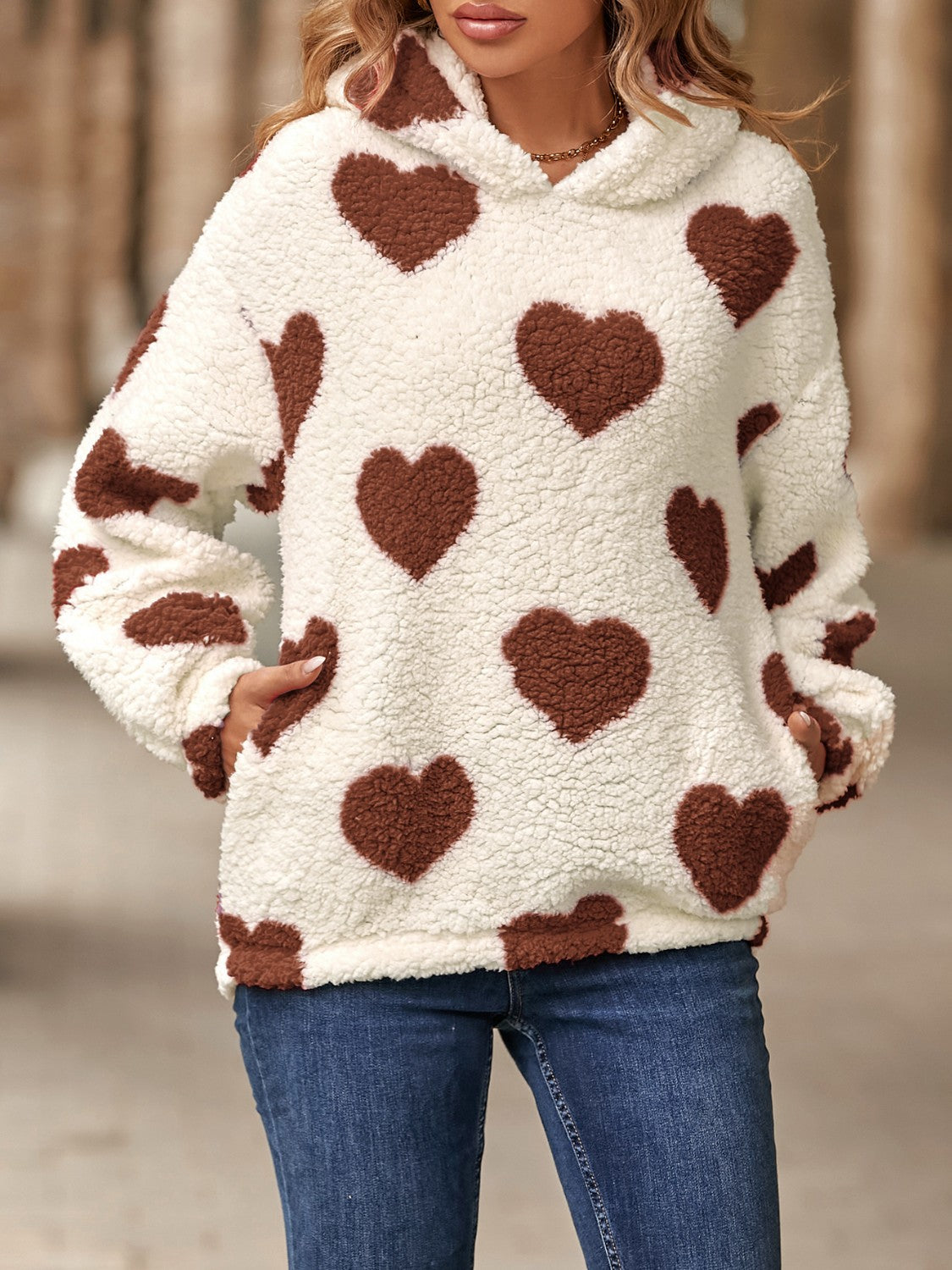 Outfit Flow - Fuzzy Heart Pocketed Dropped Shoulder Hoodie