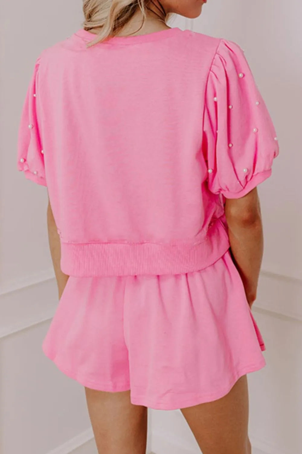 Contrast Bow Trim Pearl Puff Sleeve Blouse and Skort 2pcs Set OutfitFlow