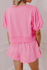 Contrast Bow Trim Pearl Puff Sleeve Blouse and Skort 2pcs Set OutfitFlow