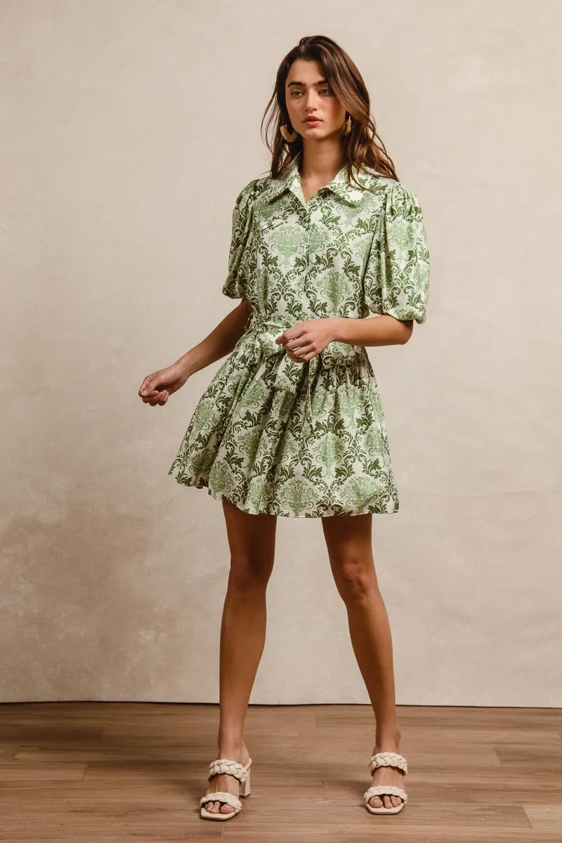 BiBi Tied Floral Short Sleeve Mini Shirt Dress OutfitFlow