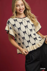 Umgee Bow Knit Ruffle Sleeve Sweater Cream OutfitFlow