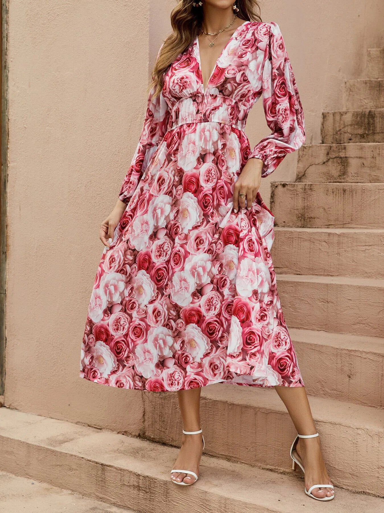 Floral V-Neck Long Sleeve Dress OutfitFlow