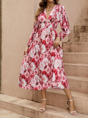 Floral V-Neck Long Sleeve Dress OutfitFlow
