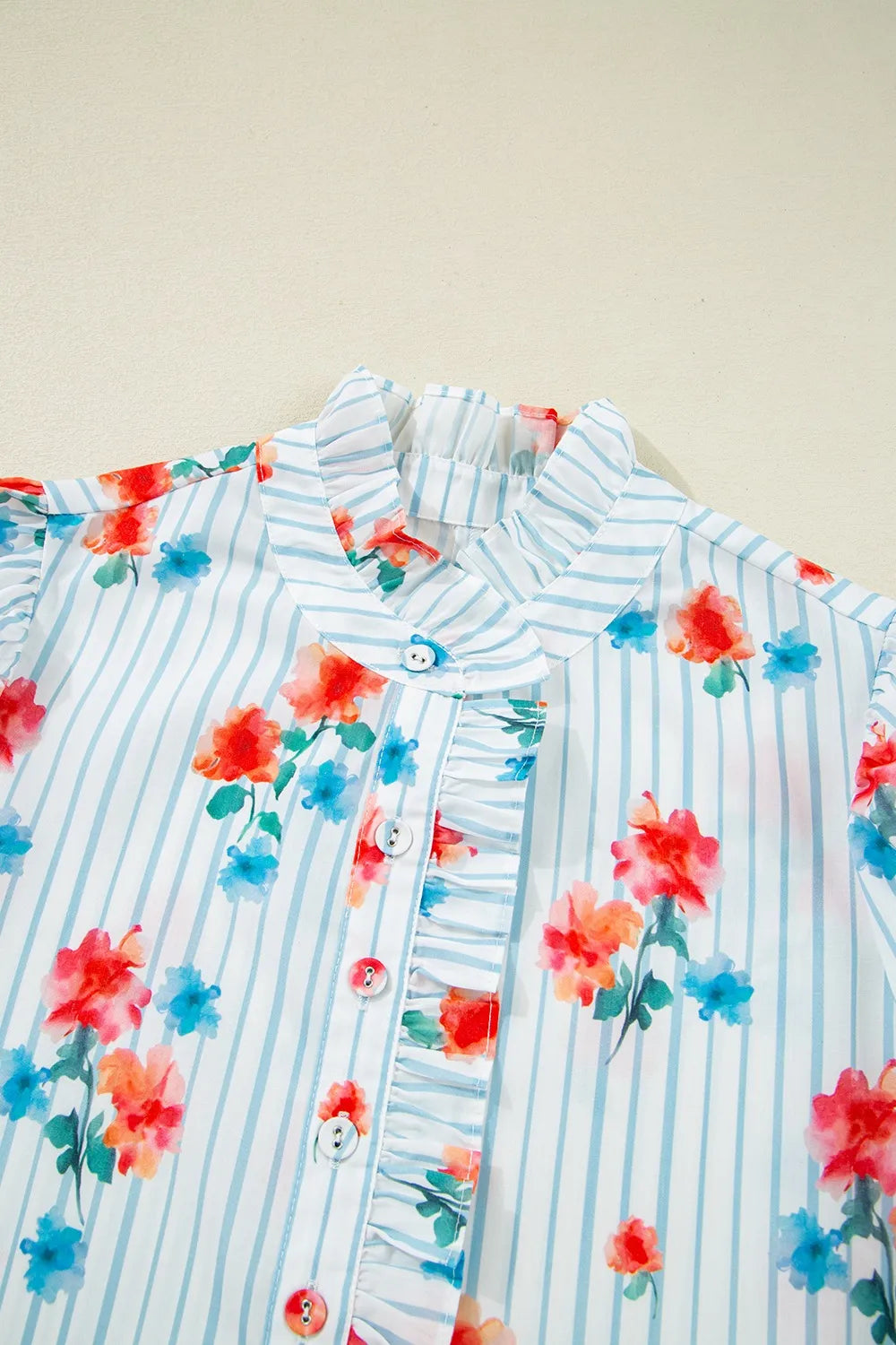 Stripe Floral Pattern Ruffle Short Sleeve Belted Mini Dress OutfitFlow