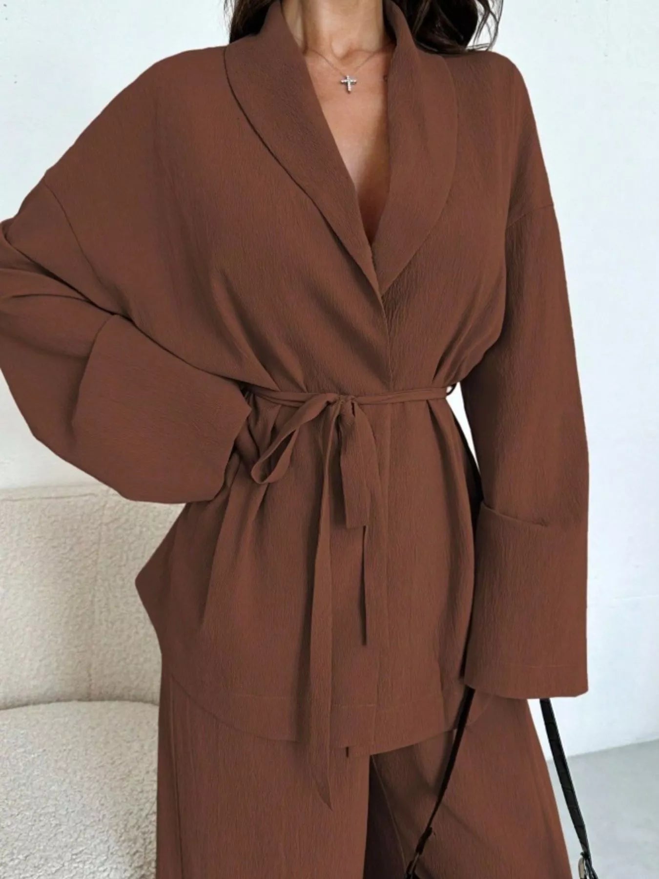 Front Tied Shirt and Wide-Leg Pants Set OutfitFlow