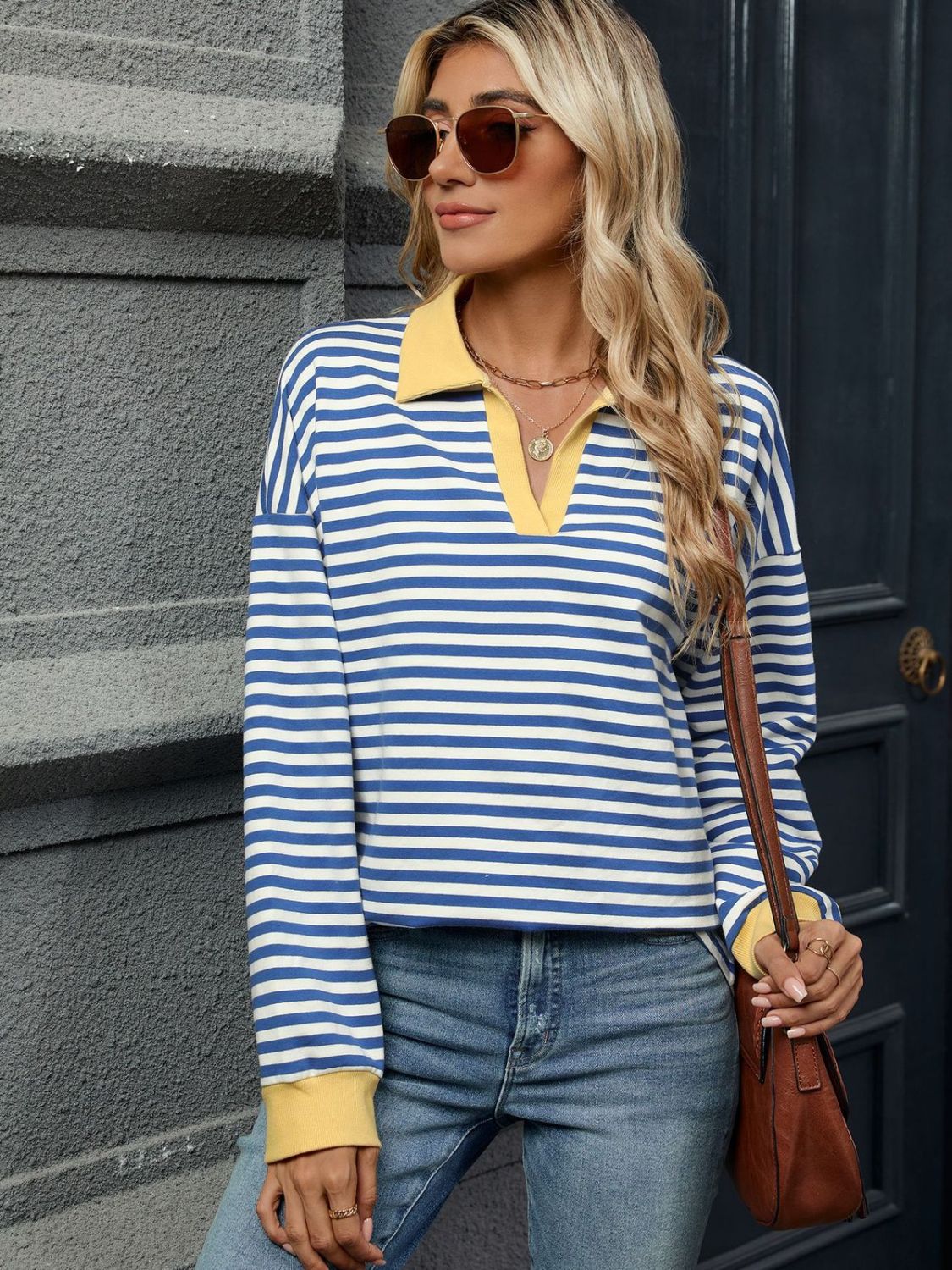 Outfit Flow - Striped Johnny Collar Long Sleeve Sweatshirt