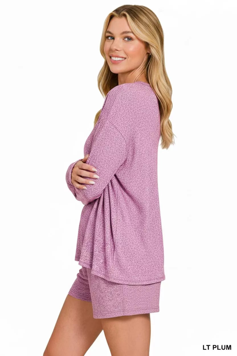 Zenana Soft Melange Long Sleeve Tee and Shorts Set OutfitFlow