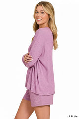 Zenana Soft Melange Long Sleeve Tee and Shorts Set OutfitFlow