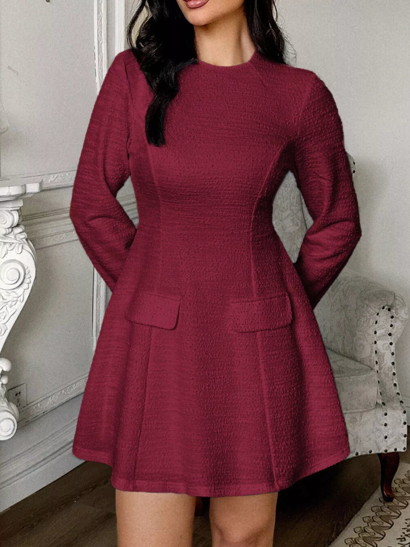Cutout Back Long Sleeve Mini Dress Burgundy OutfitFlow