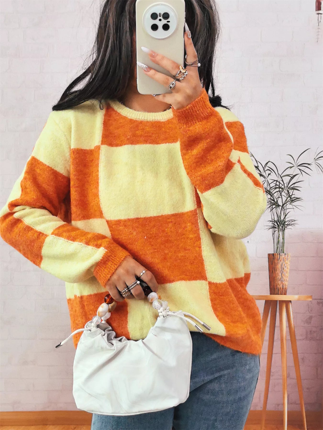 Color Block Round Neck Sweater Orange One Size OutfitFlow