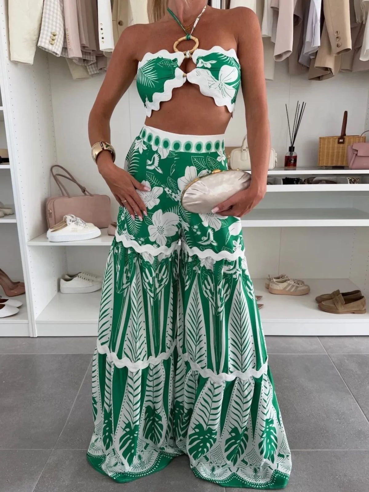 Printed Halter Neck Cami and Skirt Set Green OutfitFlow