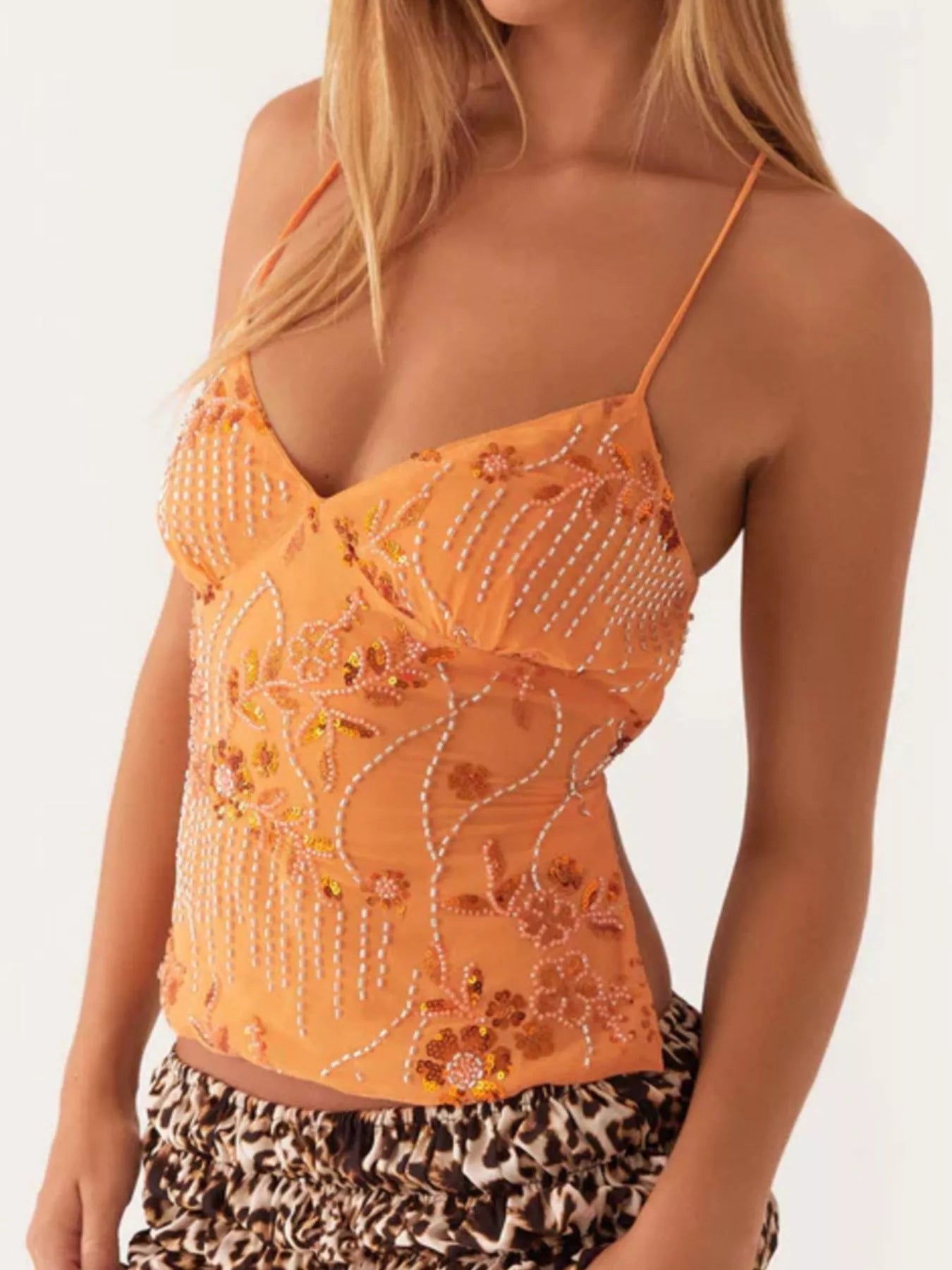 Embroidered Sequin Tie Back Cami Orange OutfitFlow