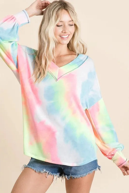 BiBi Tie Dye French Terry V-Neck Top with Puff Sleeves OutfitFlow