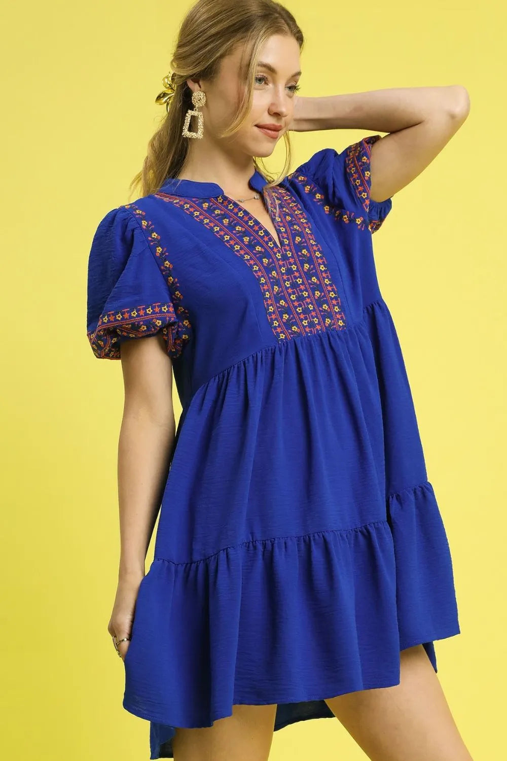 Umgee Floral Trim Puff Sleeve Mini Dress OutfitFlow