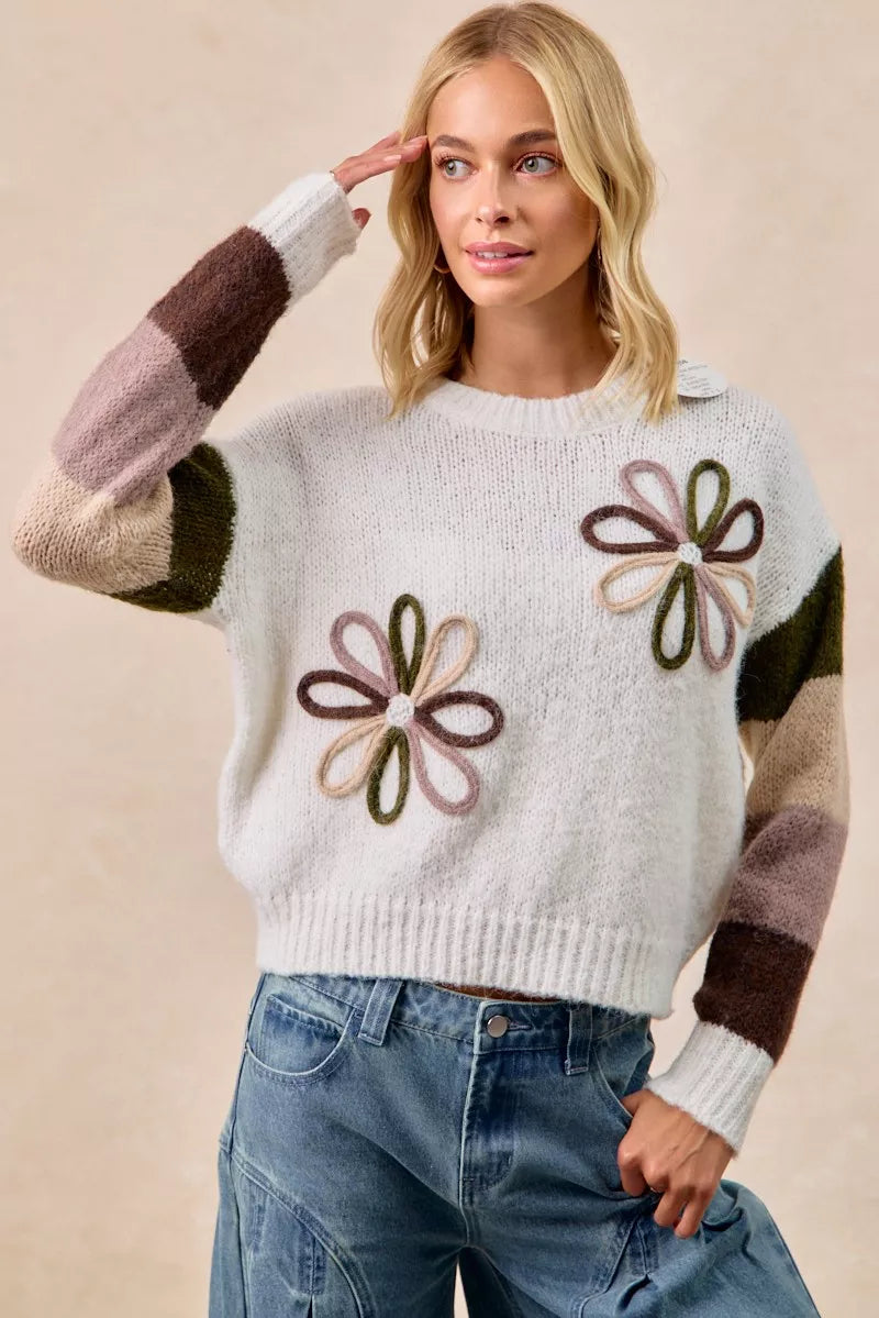 BiBi Flower Color Block Sweater OutfitFlow