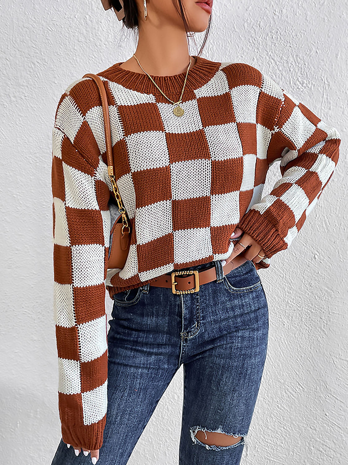 Checkered Round Neck Sweater OutfitFlow
