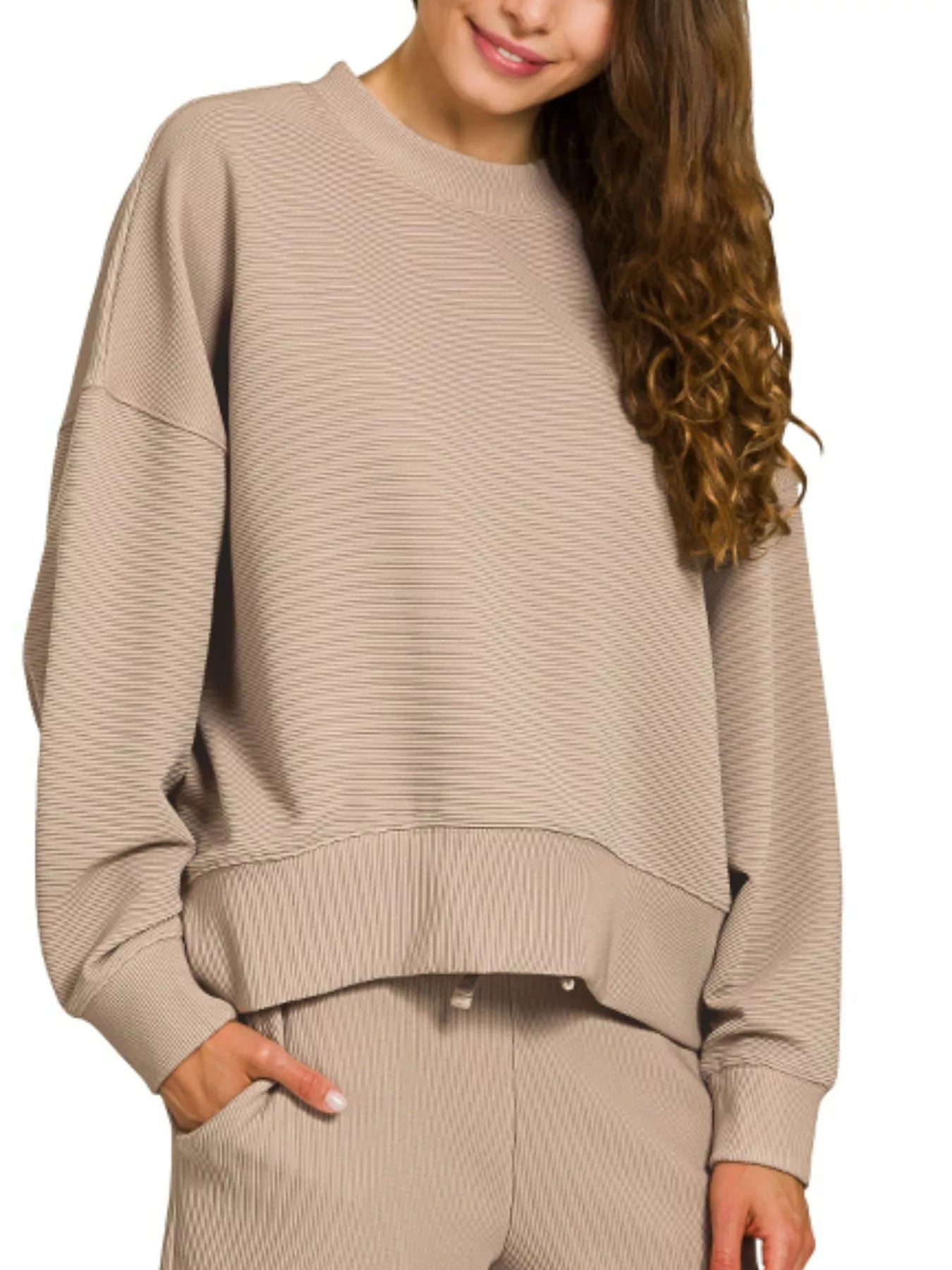Zenana Ribbed Round Neck Pullover and Drawstring Pants Set OutfitFlow