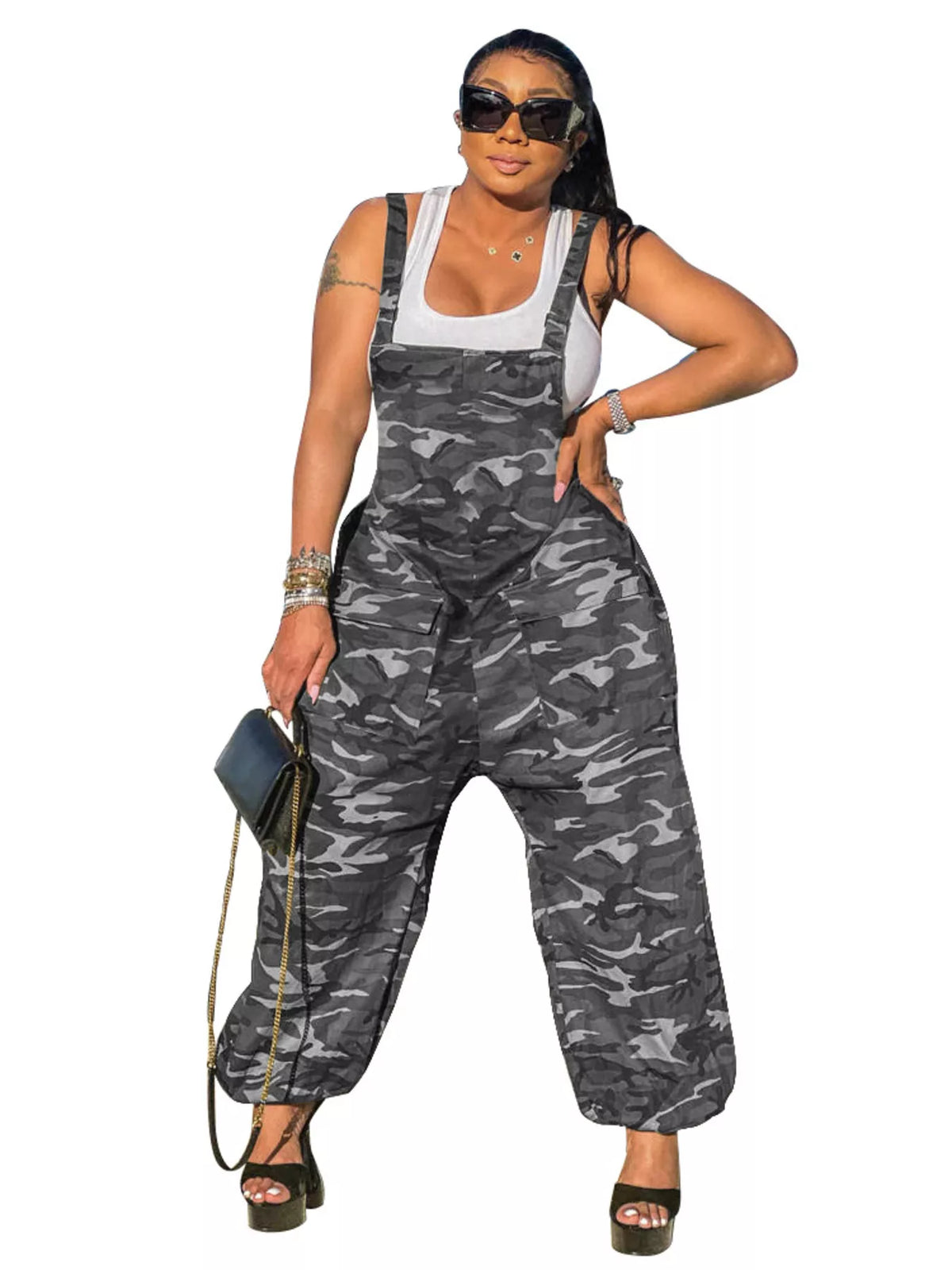 Casual Camouflage Square Neck Overalls Gray Camouflage OutfitFlow