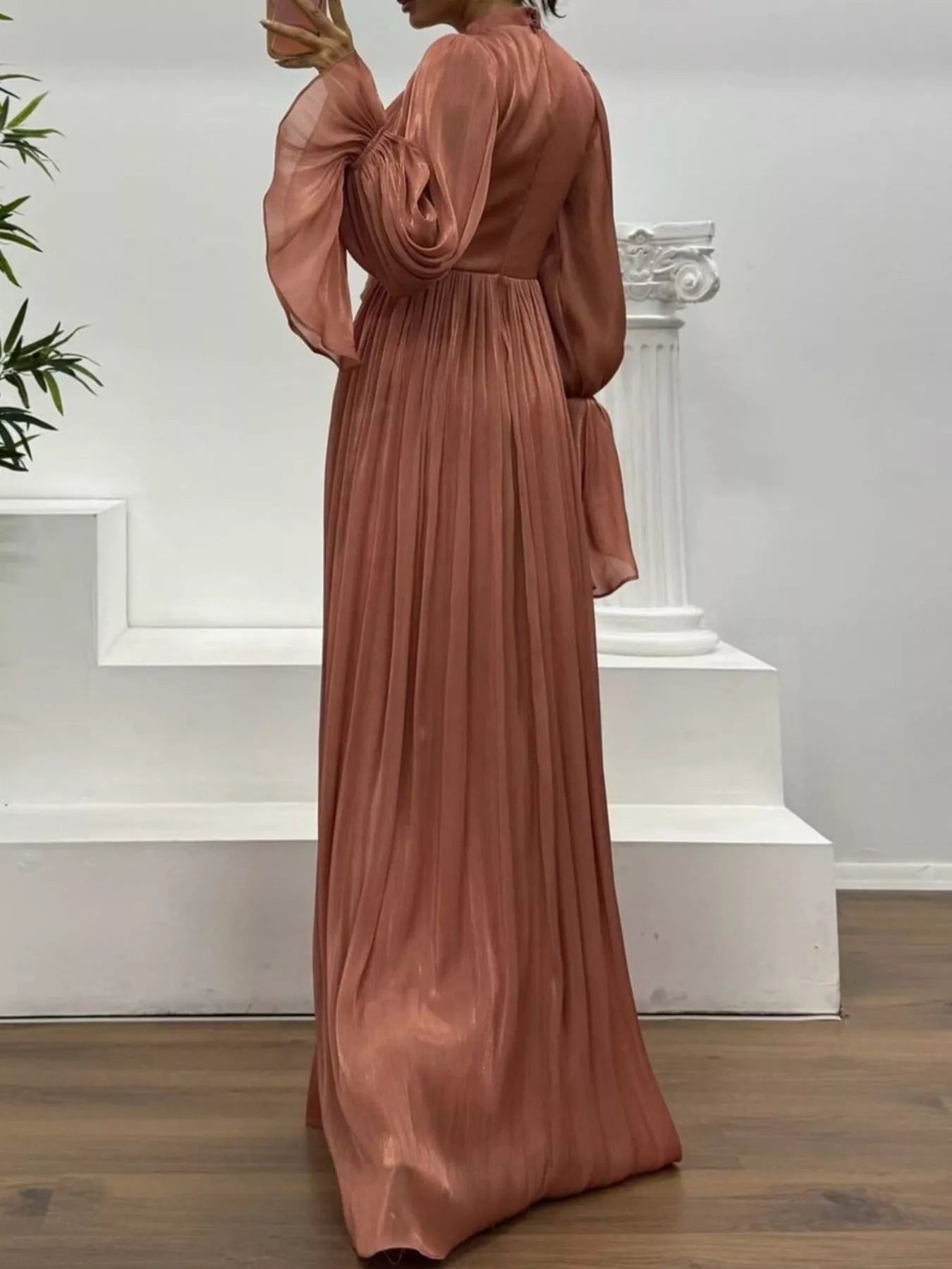 Pleated Mock Neck Long Sleeve Maxi Dress OutfitFlow