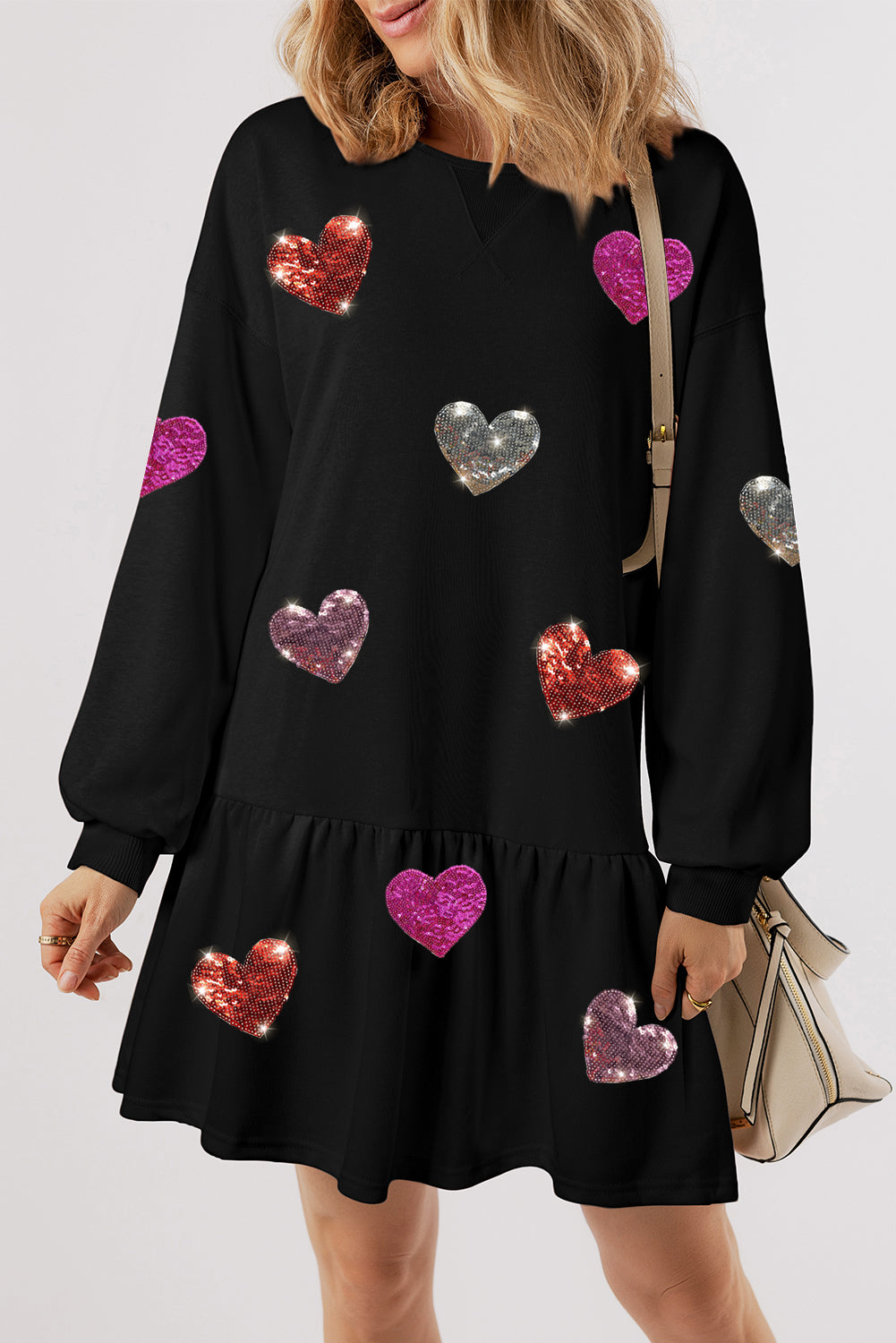 Outfit Flow - Sequin Heart Round Neck Long Sleeve Mini Dress