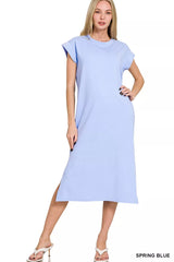 Zenana Round Neck Side Slit Midi Dress OutfitFlow