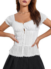Ruffled Lace Trim Corset Blouse OutfitFlow