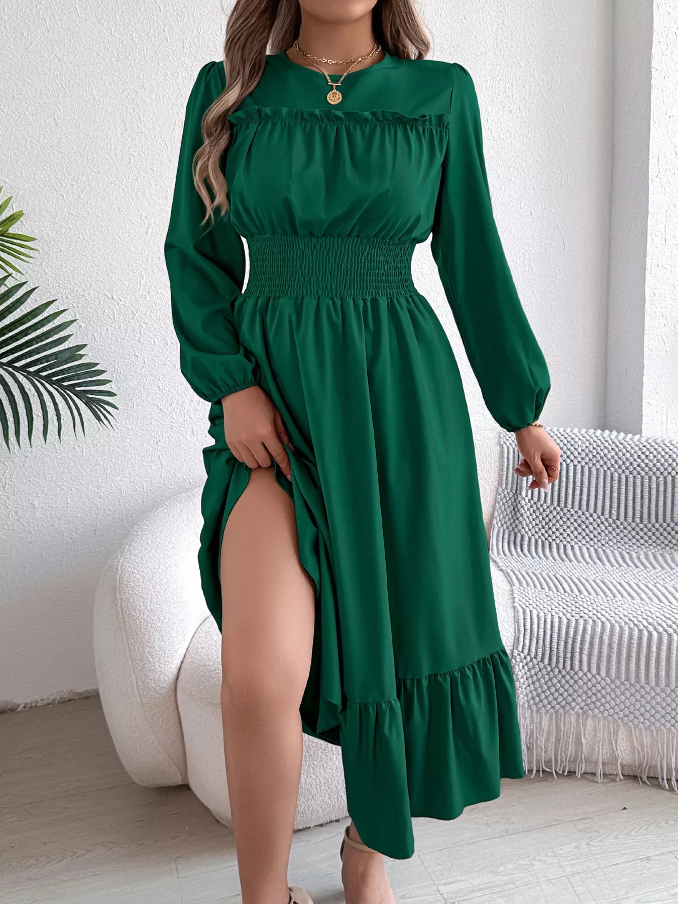 Round Neck Balloon Sleeve Tiered Dress OutfitFlow