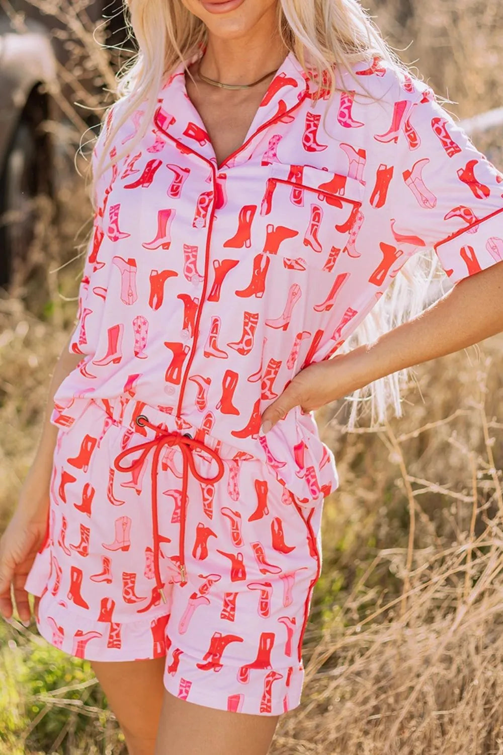 Cowgirl Boots Printed Shirt and Shorts Set OutfitFlow
