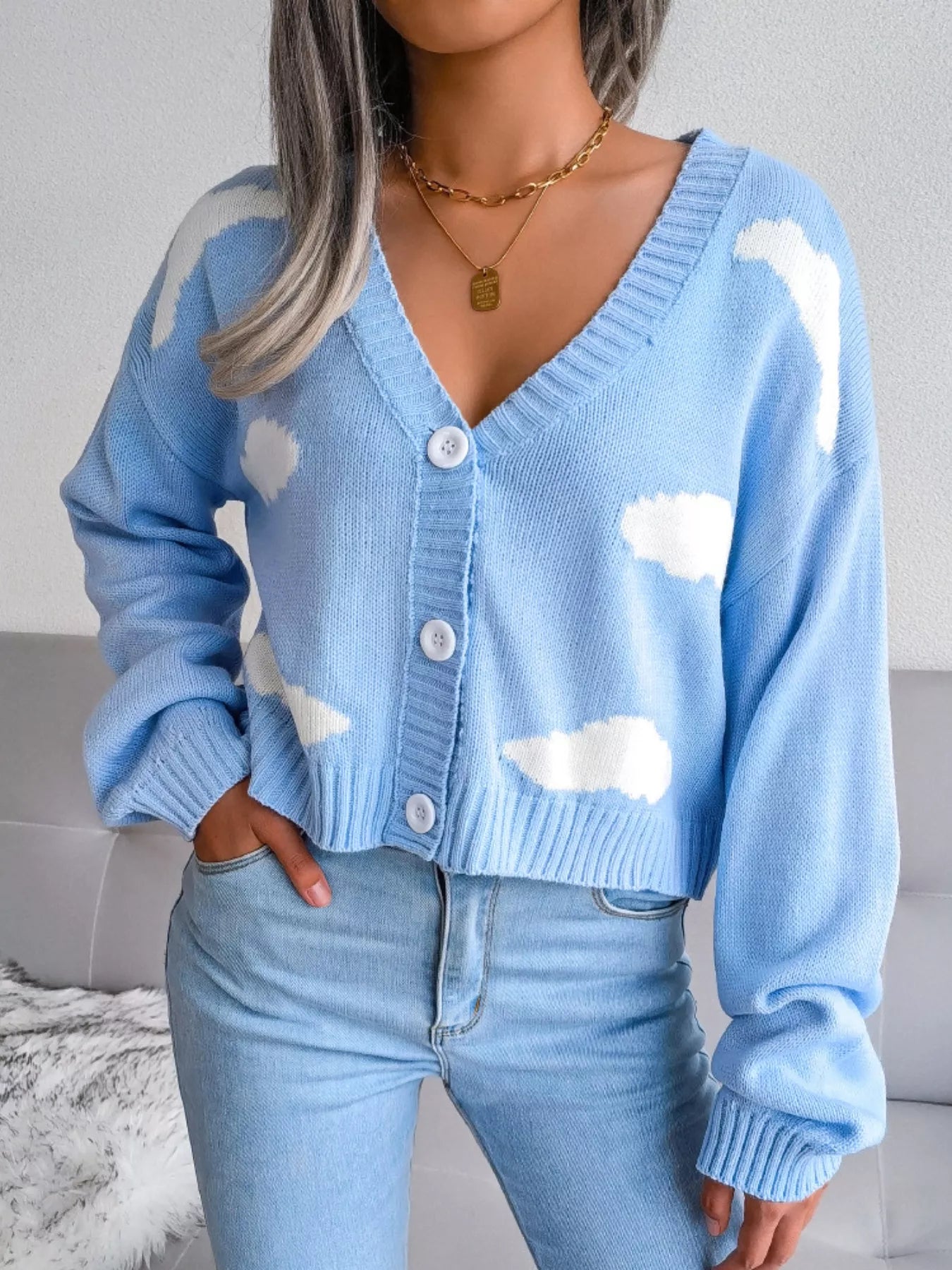 Cloud Pattern Button-Up Cropped Cardigan Light Blue OutfitFlow