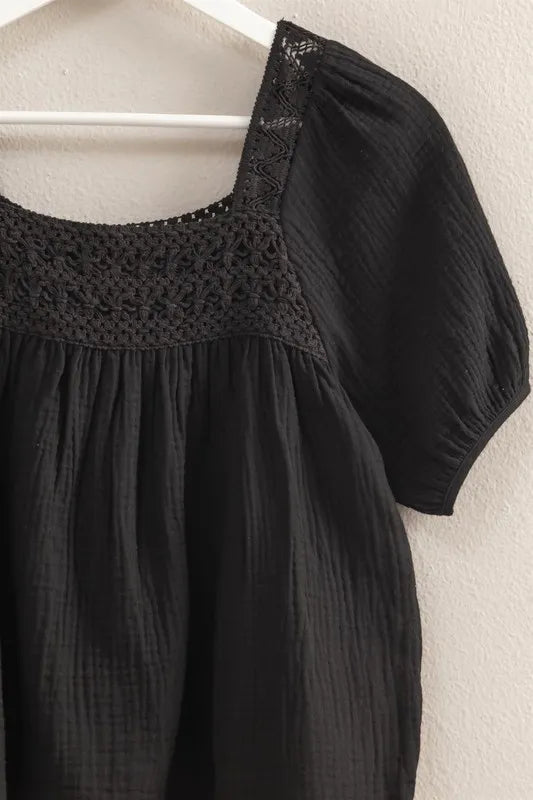 HYFVE Crochet Detail Puff Sleeve Peasant Top OutfitFlow