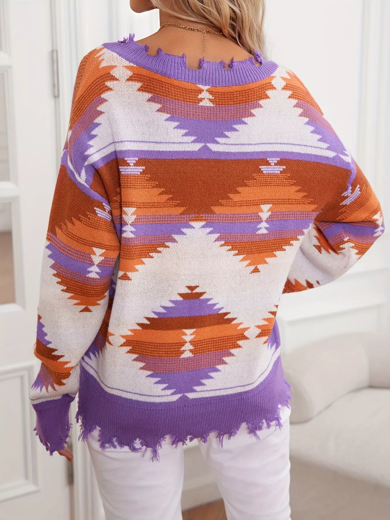 Geometric Frayed Hem V-Neck Long Sleeve Sweater OutfitFlow