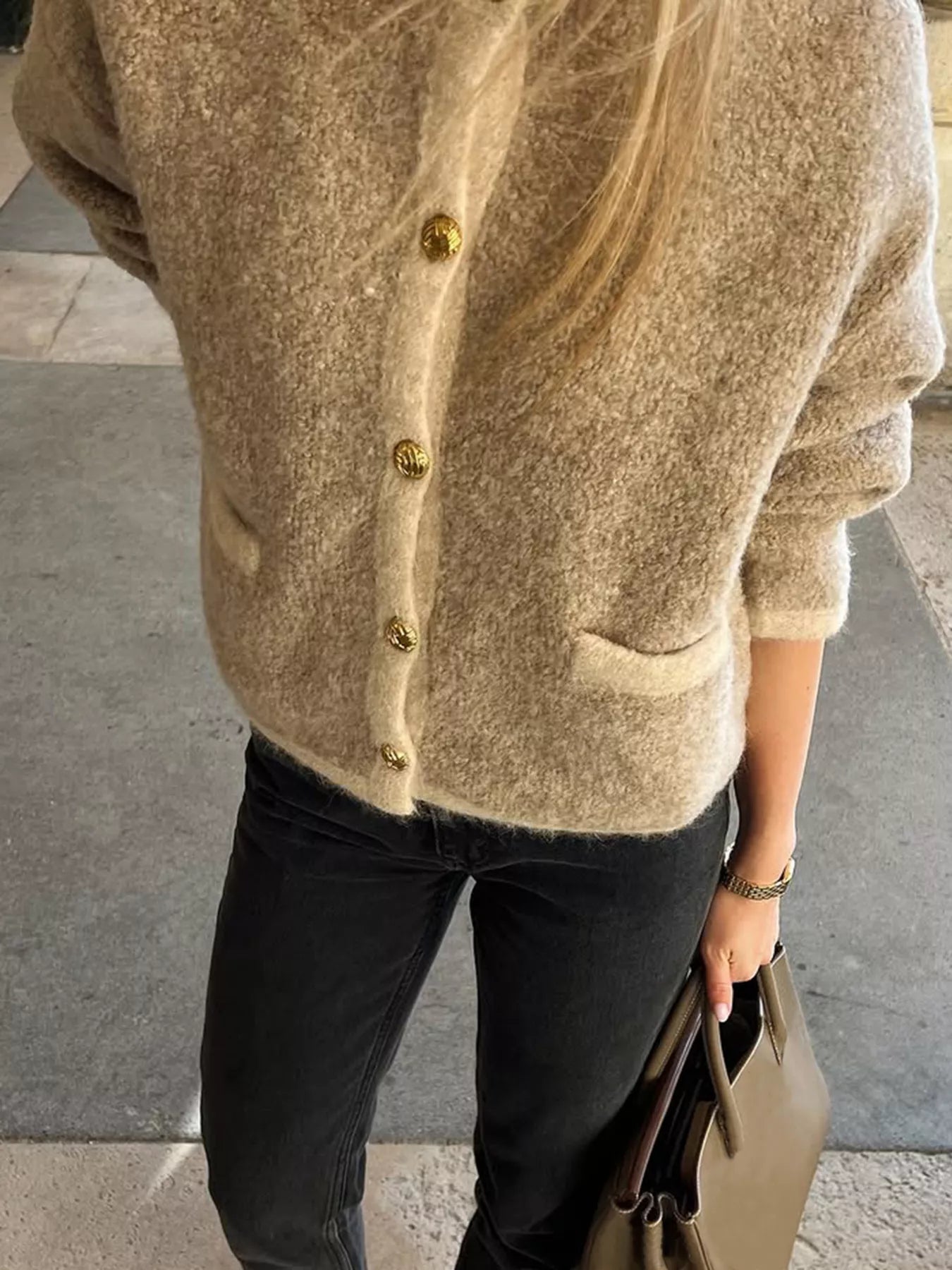 Textured Knit Cardigan with Gold Buttons OutfitFlow